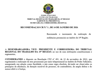 Foto de uma Recomendação escrita em papel branco e letras pretas, na parte de cima, centralizado, há um brasão da justiça com as cores da bendeira do Brasil