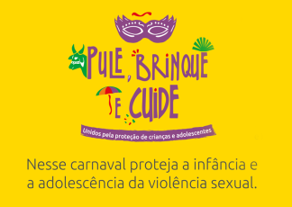 Logo com fundo amarelo e, ao centro, a frase pule, brinque e cuide escrita em letra na cor lilás