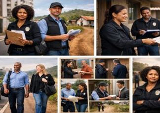 Montagem com seis fotos de oficiais de justiça em atuação. Homens e mulheres, usando coletes de identificação, aparecem entregando documentos a cidadãos, conversando e caminhando em áreas urbanas e residenciais. As cenas transmitem atividade profissional, contato direto com o público e trabalho em equipe.