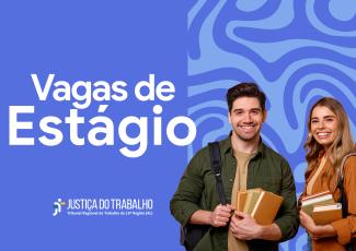 Um rapaz e uma moça jovens com livros na mão e a frase branca com as palavras Vagas de Estágio