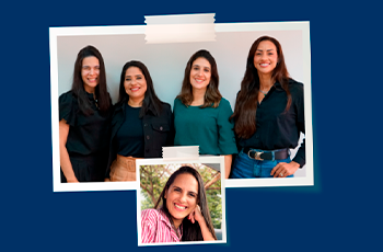 Montagem com retratos de cinco mulheres sorridentes. Na parte superior, quatro delas aparecem lado a lado diante de um fundo claro; abaixo, há uma foto destacada de outra mulher, emoldurada sobre um fundo azul. A composição tem estilo de mural de fotografias.
