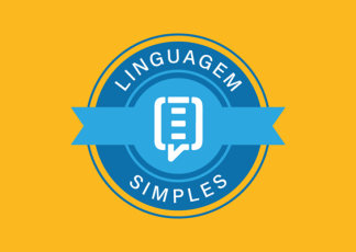 fundo amarelo com selo azul com letras brancas escritos Linguagem Simples