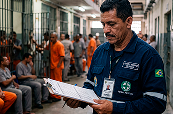 Há um homem de uniforme azul marinho com uma prancheta na mão ao fundo vários homens sentados em pé. Eles estão dentro de um presídio