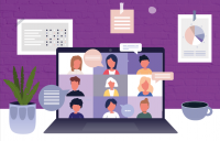 Card com tela de computador com pessoas em teletrabalho