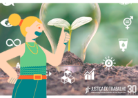 Ilustração de uma mulher de cabelo preso loira, representando a mascote do guia, e uma lâmpada com uma planta dentro