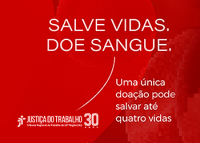 Quadro vermelho com letras brancas com o texto Salve Vidas. Doe Sangue. Uma única doação pode salvar até quatro vidas. 