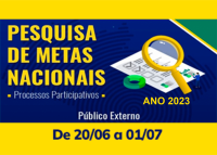 FOTO DA PESQUISA DE METAS NACIONAIS PARA 2023, COM FAIXA AZUL E DETALHES AMARELOS