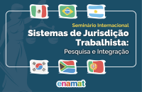 Foto do Seminário sobre Sistemas de Jurisdição Trabalhista, em cor azul e bandeiras do Brasil, Argentina e outros países