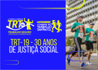 LOGAMARCA DA 6ª CORRIDA DO TRT AL, EM COR AZUL, LETRAS AMARELA E FOTO DE DUAS PESSOAS CORRENDO