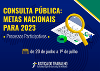 FOTO DA CONSULTA PÚBLICA PARA DEFINIÇÃO DAS METAS NACIONAIS PARA 2023, EM COR AZUL COM LETRAS AMARELAS, UMA LUPA E UM FORMULÁRIO
