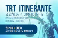 IMAGEM DE THÉMIS, DEUSA DA JUSTIÇA, LOCALIZADA AO LADO DIREITO DA FOTO E, AO CENTRO, A LEGENDA TRT ITINERANTE