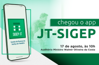 Cartaz fundo verde com a foto de um celular e a frase Chegou ou app JT-Sigep, 
