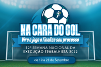 bola nas cores branca e azul; na frente da bola tem o slogan: na cara do gol vire o jogo e finalize seu processo