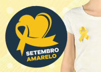 Fundo amarelo, com círculo azul com um coração e uma fita amarela, símbolo da campanha