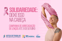 Fundo Rosa com a imagem demulher careca segurando um lenço rosa e uma frase Solidariedade: Deixe isso na cabeça