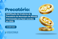 Fundo azul claro com três moedas e a frase habilitação de credore de precatórios do município de maceió