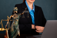 Mulher de terno com estátua da justiça na frente
