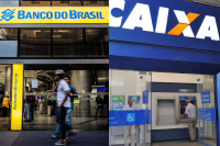 Foto com as fachadas do Banco do Brasil e da Caixa Econômica Federal