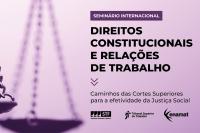 Fundo lilás com  uma balança da justiça ao fundo e letras pretas maiúsculas escrito Direitos Constitucionais e Relações de TrabalhoDire