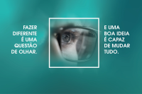 Fundo verde com letras brancas inscrito fazer diferente é uma questão de olhar e a image de um olho verde com óculos