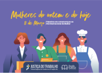 Card de fundo lilás com letras amarelas com representação de várias mulheres com trajes de suas profissões 