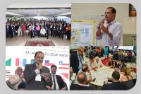 Imagem formada por quatro fotos, com duas fotos do juiz Flávio Costa, uma de paletó cinza e outra de camisa branca, e uma foto geral dos presentes ao evento, além de uma foto de pessoas sentadas em uma grande mesa fazendo a apuração dos votos