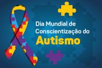Logo do Dia Mundial de Conscientização do Autismo, com a imagem de uma gravata colorida nas cores vermelha, roxa, amarela e azul