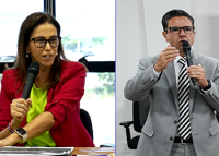 À esquerda, foto da ministra Morgana Richa, de terno vermelho e blusa amarela; à direita, imagem de juiz  Bruno Rodrigues, de paletó cinza e gravata listrada em preto e branco.
