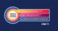 Imagem nas cores azul, laranja, pink, com letras brancas.