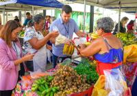 Quatro pessoas numa feira de frutas. À esquerda, uma mulher de blazer rosa.