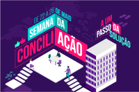 Imagem de fundo lilás com quadrados nas cores verde, vermelho e pink com letras também nas mesmas cores.