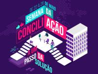 Poster com logomarca da Semana de Concilição, nas cores lilás, vermelho e verde.