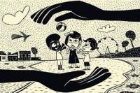 Paisagem com duas mãos negras a proteger três crianças, uma negra e duas brancas, no centro da imagem. 