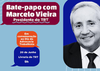 Foto em preto e branco do desembargador Marcelo Vieira, à direita, e, à esquerda, a identiidade visual do evento, nas cores azul claro e escuro, laranja e vermelha