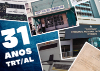 Várias imagens com edificações do TRT-19. Há uma máquiande datilografia e um documento.