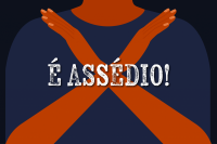 Desenho de pessoa com as mãos cruzadas sobre o peito e a frase "É assédio!"