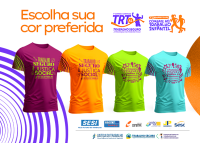 Foto das camisas da corrida nas cores laranja flúor, roxo berinjela,  amarelo Flúor e azul claro