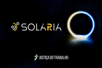 Cartaz de divulgação do sistema Solária com fundo preto. Há letras nas cores branca e amarela. Ainda há um círculo nas mesmsas cores, como também desenho de pessos 