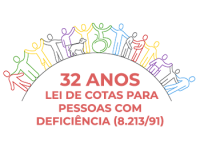 LOGOMARCA DOS 32 ANOS DA LEI NACIONAL DE COTAS, COM A IMAGEM DE VÁRIOS BONEQUINHOS COLORIDOS SOBRE UM ARCO QUE ENVOLVE A FRASE 32 ANO LEI DE COTAS PARA PESSOAS COM DEFICIÊNCIA
