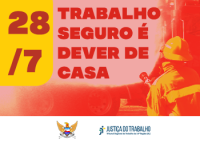 Card vermelho com um bombeiro em amarelo e a frase Trabalho Seguro é dever de casa em vermelho