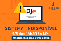 Imagem na cor laranja com um notebook com a tela branca na qual consta a sigla PJe com o P e o J na cor preta e a letra e em laranja; embaixo, o nome sistema indisponível na cor azul