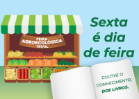 Banner com figura de estande e frase sexta é dia de feira