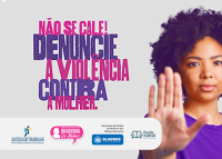 Imagem de fundo cinza claro com letras nos tons roxo e rosa escuro. Há também uma jovem de pele negra de cabelos escuros, com blusa roxa. Ela está uma maõ esplamada para sinalizar limite.
