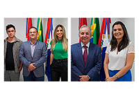 Fotomontagem de duas fotos: a primeira mostra um homem sério e uma mulher sorridente, ambos de roupas informais, ladeando o desembargador João Leite, também sorridente e usando um terno. Na segunda, o desembargador Marcelo Vieira de terno e sorrindo, ao lado de uma mulher que sorri
