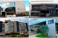 À esquerda, fotos das fachadas do Tribunal de Justiça de Alagoas e do Fórum da Justiça Federal; à direita, fotos das fachadas do Tribunal Regional do Trabalho de Alagoas e do Tribunal Regional Eleitoral de Alagoas