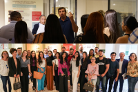 Há duas fotos. A primeira, um homem branco de camisa escura fala para várias pessoas, na segunda há uma turma de homens e mulheres posando para essa foto.
