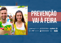 Arte de um cartaz azul com casal com sacola de feira e ao lado a frase Prevenção vai à feira