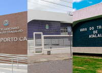 Foto montagem com a imagem da frente dos prédios das Varas do Trabalho de União, Atalaia e Porto Calvo