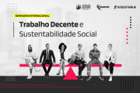Imagem em Preto e Branco com detalhes em vermelho mostrando seis pessoas sentadas e a inscrição Seminário Internacional de Trabalho Decente e Sustentabilidade Social