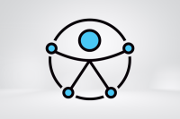 Logo com circulo com uma figura de um boneco/homem estilizado dentro